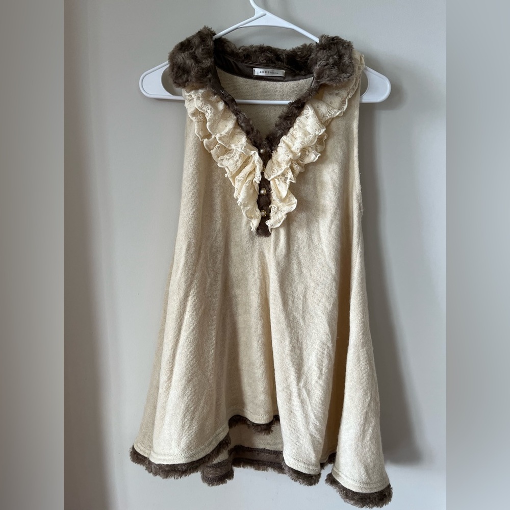 Axes Femme Cream and Brown Fluffy Fur Trimmed Tunic Sleeveless Tank Top Japan